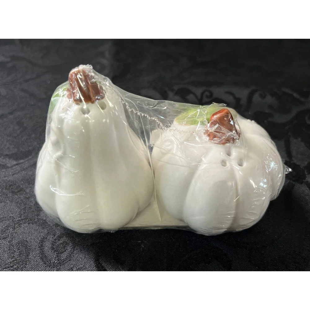 White Ceramic Pumpkin Gourd Salt Pepper Shakers Harvest Fall Decor Thanksgiving